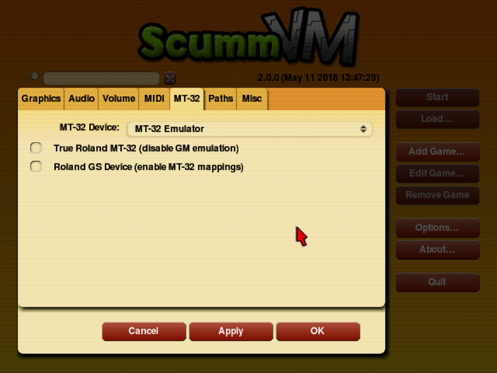 scummvm choose mt32 emulation ini file